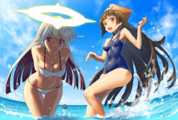 Rule 34 | 2016, 2girls, arms behind back, bikini, blue one-piece swimsuit, blue sky, blush, breasts, brown eyes, brown hair, cleavage, spiked halo, covered navel, dated, day, guilty gear, guilty gear xrd, halo, hat, jack-o&#039; valentine, long hair, may (guilty gear), medium breasts, multicolored hair, multiple girls, navel, ocean, one-piece swimsuit, pirate hat, red eyes, red hair, sky, small breasts, splashing, swimsuit, thigh gap, twitter username, two-tone hair, very long hair, wading, white bikini, white hair, zaki (narashigeo)