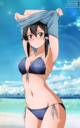 Rule 34 | 1girl, armpits, arms up, asada shino, beach, bikini, black hair, breasts, brown eyes, cleavage, clothes lift, highres, large breasts, legs, lifted by self, looking at viewer, navel, ocean, shirt lift, short hair, shugo19, solo, swimsuit, sword art online, thighs, water