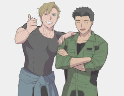 Rule 34 | 2boys, ^ ^, ao isami, black hair, blonde hair, closed eyes, clothes around waist, cowboy shot, crossed arms, green jumpsuit, grey background, grey shirt, grin, hand on another&#039;s shoulder, hand on own hip, jumpsuit, lewis smith, light blush, looking at viewer, male focus, multiple boys, muscular, muscular male, one eye closed, open mouth, shirt, short hair, simple background, smile, sweater, sweater around waist, thumbs up, tight clothes, tight shirt, umai kinako, yuuki bakuhatsu bang bravern