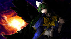 Rule 34 | 1girl, bad id, bad pixiv id, belt, black wings, capelet, cloud, coli, collie, dress, female focus, green eyes, green hair, hat, long hair, looking away, matching hair/eyes, mima (touhou), ribbon, sky, smile, solo, staff, sun, touhou, touhou (pc-98), twilight, wings, wizard hat