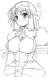 Rule 34 | 00s, 1girl, aged up, artist name, blush, breasts, cleavage, gekkou ookami, greyscale, huge breasts, large breasts, monochrome, re mii, sidelocks, simple background, sketch, solo, white background, zoids, zoids genesis
