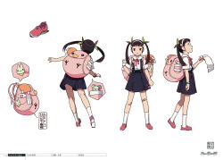 Rule 34 | 1girl, bakemonogatari, character sheet, from side, full body, hachikuji mayoi, highres, holding, holding paper, kneehighs, monogatari (series), multiple views, official art, paper, production art, production note, scan, simple background, skirt, socks, suspender skirt, suspenders, turnaround, white background, zip available