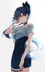 Rule 34 | 1girl, absurdres, ass, bare shoulders, black choker, black hair, black ribbon, blue hair, blue skirt, breasts, choker, closed mouth, commentary request, gradient background, grey background, hair ribbon, hand up, high ponytail, highres, lilpa, looking at viewer, looking to the side, medium breasts, multicolored hair, o-ring, o-ring choker, off-shoulder shirt, off shoulder, ponytail, ribbon, shirt, short sleeves, skirt, solo, streaked hair, sugar (dndi888), twisted torso, virtual youtuber, waktaverse, white shirt, yellow eyes