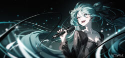 Rule 34 | 1girl, aqua eyes, aqua hair, black dress, breasts, collarbone, dress, earpiece, gradient background, hair between eyes, hatsune miku, highres, holding, holding microphone, long hair, medium breasts, microphone, open mouth, qys3, solo, upper body, very long hair, vocaloid