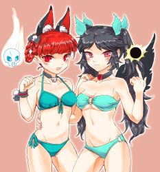 Rule 34 | 2girls, :3, :d, alternate hairstyle, animal ear fluff, animal ears, aqua bikini, bandeau, bare arms, bare legs, bare shoulders, bikini, black hair, black sun, blush, bow, braid, braided hair rings, breasts, cat ears, cat girl, chamaruk, choker, cleavage, collarbone, cowboy shot, female focus, front-tie bikini top, front-tie top, green bikini, hair bow, hair ornament, hair rings, halftone, hand on another&#039;s shoulder, highres, hug, index finger raised, jewelry, kaenbyou rin, legs, long hair, looking at viewer, magic, midriff, multiple girls, navel, necklace, o-ring, o-ring bikini, o-ring bottom, o-ring top, open mouth, outline, pointy ears, red eyes, red hair, reiuji utsuho, ribbon, short hair, side-tie bikini bottom, skull, skull hair ornament, slit pupils, small breasts, smile, sorcery, standing, stomach, strapless, strapless bikini, sun, swimsuit, thighs, touhou, tube top, twin braids, twintails, white outline, wings, wrist cuffs
