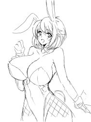 Rule 34 | 1girl, absurdres, animal ears, artist request, blush, breasts, cleavage, detached collar, fake animal ears, gloves, highleg, highleg leotard, highres, large breasts, leotard, looking at viewer, monochrome, open mouth, pantyhose, playboy bunny, rabbit ears, rabbit girl, rabbit tail, sketch, smile, solo, sweat, tail, taimanin (series), taimanin rpgx, una mochizuki, upper body