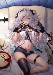 Rule 34 | 1girl, absurdres, bag, bare shoulders, black gloves, black panties, black thighhighs, blue eyes, blue hair, breasts, cake, cake slice, commentary, condom, condom packet strip, condom wrapper, food, gloves, hairband, highleg, highleg panties, highres, holding, holding condom, katana, large breasts, leon v, light blue hair, long hair, lying, navel, on back, open fly, original, panties, pillow, pubic tattoo, short shorts, shorts, single thighhigh, skindentation, solo, sword, symbol-only commentary, tattoo, thigh strap, thighhighs, thighs, tongue, tongue out, underwear, v, wavy hair, weapon