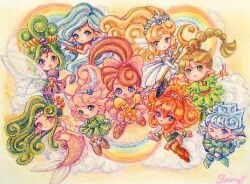 Rule 34 | blonde hair, blue eyes, braid, character counter request, character request, curly hair, earrings, fairy wings, flower wand, green eyes, green hair, holding, jewelry, lip (panel de pon), mermaid, monster girl, multiple girls, orange hair, panel de pon, pink eyes, pink hair, pointy ears, red hair, single braid, sphere earrings, staff, suruga kanade, wings