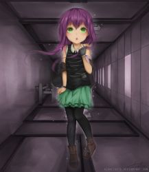 Rule 34 | 1girl, aionlights, borrowed character, fingerless gloves, full body, ghost, gloves, green eyes, hallway, isabelle (acerailgun), long hair, looking at viewer, original, pantyhose, purple hair, shoes, signature, single glove, skirt, solo, transparent, watermark, web address