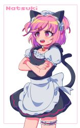 Rule 34 | 1girl, alternate costume, animal ears, annoyed, apron, bell, blush, border, bridal garter, cat ears, cat tail, character name, choker, cowboy shot, crossed arms, doki doki literature club, enmaided, eyes visible through hair, fang, hair ornament, hair ribbon, hairclip, jingle bell, looking away, maid, maid headdress, natsuki (doki doki literature club), neck bell, open mouth, pink eyes, pink hair, puffy short sleeves, puffy sleeves, red ribbon, ribbon, sasakama (sasagaki01), short hair, short sleeves, simple background, solo, tail, two side up, v-shaped eyebrows, waist apron, white background