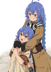 Rule 34 | 2girls, :d, age difference, ahoge, alternate age, blue eyes, blue hair, blush, braid, brown dress, closed mouth, dress, fukunaga nagisa, hair between eyes, height difference, highres, hug, hug from behind, long hair, long sleeves, looking at another, looking down, multiple girls, mushoku tensei, open mouth, roxy migurdia, simple background, sketch, smile, standing, very long hair, white background
