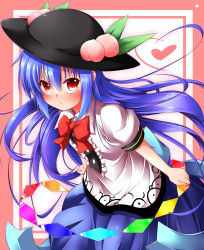 Rule 34 | 1girl, absurdres, blue hair, blush, bow, female focus, food, fruit, hat, heart, heart hair, highres, hinanawi tenshi, long hair, looking at viewer, peach, pout, red eyes, simple background, skirt, skirt set, solo, standing, touhou, tsundere, wakagi repa