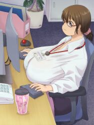 Rule 34 | 1girl, blue carpet, blue eyes, breast rest, breasts, breasts on table, brown hair, carpet, chair, closed mouth, commentary request, cup, cupboard, desk, from side, gigantic breasts, glasses, hair between eyes, highres, huge breasts, id card, indoors, katou (katohayabusa), keyboard (computer), lanyard, long sleeves, looking at screen, monitor, mouse (computer), office chair, office lady, original, phone, pink scrunchie, plant, ponytail, potted plant, red-framed eyewear, scrunchie, shadow, shirt, sidelocks, sitting, smile, solo, swivel chair, tareme, trackball, upper body, white shirt, wing collar