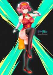 Rule 34 | 1girl, absurdres, breasts, chest jewel, china dress, chinese clothes, cleavage, covered erect nipples, dress, fighting stance, high heels, highres, japanese clothes, kung fu, large breasts, legs, lohmijo, martial arts, non-web source, open mouth, pyra (xenoblade), red eyes, red hair, red shorts, self-upload, short hair, shorts, thighhighs, thighs, xenoblade chronicles (series), xenoblade chronicles 2