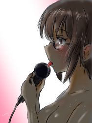 Rule 34 | 1girl, absurdres, blush, breasts, brown hair, collarbone, girls und panzer, glasses, gradient background, highres, hiyama yuu (wee259hiyama), holding, holding microphone, implied fellatio, licking, microphone, nude, ou taiga, saliva, sweat, tears, tongue, tongue out, twitter username