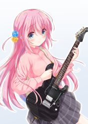 Rule 34 | 1girl, aqua eyes, blue eyes, blush, closed mouth, commentary request, cowboy shot, cube hair ornament, gradient background, grey background, grey skirt, guitar, hair between eyes, hair ornament, highres, holding, holding instrument, holding plectrum, instrument, jersey, long hair, long sleeves, looking at viewer, mafu makura, original, pink hair, plaid, plaid skirt, pleated skirt, plectrum, school uniform, serafuku, simple background, skirt, solo, standing, tagme, white background
