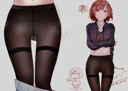 Rule 34 | 1girl, absurdres, black pantyhose, black shirt, brown hair, chibi, dated, feet, glaring, gluteal fold, highres, higuchi madoka, holding own arm, idolmaster, idolmaster shiny colors, iliktodrawr, looking at viewer, mole, mole under eye, multiple views, navel, panties, panties under pantyhose, pantyhose, red eyes, school uniform, see-through silhouette, shirt, signature, simple background, solo, squiggle, stomach, underwear