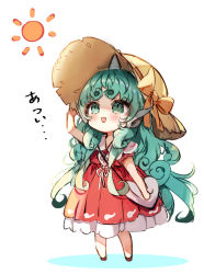 Rule 34 | 1girl, aqua hair, bag, bow, brown bow, brown footwear, brown hat, chibi, colored shadow, commentary request, dress, green eyes, hand on headwear, hat, hat bow, heart-shaped bag, highres, horns, komano aunn, long hair, piyokichi, red dress, shadow, shoes, short eyebrows, short sleeves, shoulder bag, single horn, solo, sun symbol, thick eyebrows, touhou, translation request, very long hair, white background