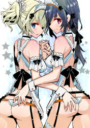 Rule 34 | 2girls, ass, bad id, bad pixiv id, black hair, blonde hair, blue eyes, breasts, butt crack, cowboy shot, from behind, garter straps, gradient background, halftone, hand on another&#039;s ass, holding hands, looking at viewer, maid, maid headdress, multiple girls, original, red eyes, short twintails, smile, tajima ryuushi, thighhighs, thong, twintails, wrist cuffs