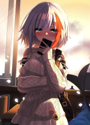 Rule 34 | 1girl, absurdres, admiral graf spee (azur lane), admiral graf spee (peaceful daily life) (azur lane), aran sweater, ashisi, azur lane, backlighting, bad id, bad pixiv id, blue eyes, blunt bangs, blush, breasts, cable knit, cellphone, classroom, clothing cutout, commentary, covered mouth, desk, dutch angle, fins, fish tail, highres, holding, holding phone, indoors, long sleeves, looking at viewer, medium breasts, multicolored hair, petals, phone, red hair, short hair, shoulder cutout, sidelocks, silver hair, sleeves past wrists, smartphone, solo, streaked hair, sunlight, sunset, sweater, tail, white sweater, window