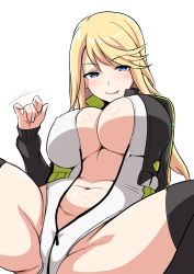 Rule 34 | 1girl, alice gear aegis, black jacket, black thighhighs, blonde hair, blue eyes, blush, breasts, cleavage, closed mouth, companion/af, crotch, full-length zipper, heattech leotard, highres, jacket, large breasts, leotard, long hair, long sleeves, looking at viewer, motion lines, navel, open clothes, open jacket, partially unzipped, seductive smile, shirley oakley, simple background, sitting, smile, solo, spread legs, stomach, tawashi1623, thighhighs, tongue, tongue out, turtleneck, underboob, white background, white leotard, zipper