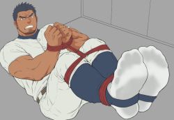 Rule 34 | 1boy, bara, baseball uniform, bdsm, bondage, bound, bound wrists, dark-skinned male, dark skin, facial hair, feet, foot focus, frown, full body, goatee, looking at viewer, male focus, mature male, muscular, muscular male, no shoes, original, paid reward available, red rope, restrained, rope, short hair, sideburns, socks, solo, sportswear, tetsu (kurotetsu1379), thick thighs, thighs, wet socks