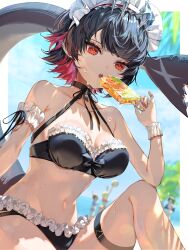 4girls absurdres beach bikini black_bikini black_hair breasts colored_inner_hair ellen_joe fins fish_tail food frilled_bikini frills gpnet highres holding holding_food holding_popsicle large_breasts looking_at_viewer maid maid_bikini maid_headdress multicolored_hair multiple_girls navel ocean popsicle red_eyes shark_girl shark_tail short_hair solo_focus sweat swimsuit tail unconventional_maid zenless_zone_zero