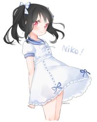 Rule 34 | 10s, 1girl, artist name, bad id, bad twitter id, black hair, bow, character name, cropped legs, dress, frilled dress, frills, hair bow, love live!, love live! school idol festival, love live! school idol project, marin (myuy 3), puffy short sleeves, puffy sleeves, red eyes, ribbon-trimmed clothes, ribbon trim, sailor collar, sailor dress, short sleeves, smile, solo, twintails, yazawa nico
