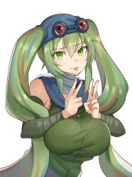 Rule 34 | :p, ajidot, arm wrap, bandaged neck, bandages, blue hair, blue headwear, breasts, closed mouth, commentary, crossover, double v, english commentary, goggles, goggles on head, green eyes, green hair, green vest, hair between eyes, hair through headwear, hank miku, hatsune miku, highres, large breasts, light blush, long hair, looking at viewer, madness combat, multicolored hair, original, red-tinted eyewear, red hair, simple background, smile, solo, streaked hair, tinted eyewear, tongue, tongue out, twintails, upper body, v, very long hair, vest, vocaloid, white background, zipper pull tab