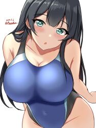 Rule 34 | 1girl, agano (kancolle), black hair, black one-piece swimsuit, blue one-piece swimsuit, blush, breasts, competition swimsuit, covered navel, dated, green eyes, highleg, highleg swimsuit, highres, impossible clothes, impossible swimsuit, kantai collection, large breasts, long hair, looking at viewer, montemasa, multicolored clothes, multicolored swimsuit, one-hour drawing challenge, one-piece swimsuit, open mouth, solo, swimsuit, twitter username, two-tone swimsuit