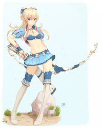 Rule 34 | 1girl, arrow (projectile), blonde hair, blue bra, blue thighhighs, boots, bow (weapon), bra, breasts, cropped jacket, dan (kumadan), earrings, elf, full body, hair ribbon, highres, jewelry, long hair, looking at viewer, midriff, miniskirt, navel, official art, original, pink eyes, pointy ears, puffy short sleeves, puffy sleeves, ribbon, short sleeves, skirt, small breasts, smile, solo, thigh boots, thighhighs, two side up, underwear, weapon, wrist cuffs, zettai ryouiki