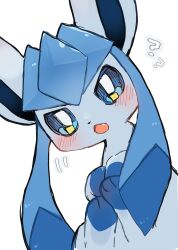 Rule 34 | ?, absurdres, blue eyes, blue hair, blush, creatures (company), fang, game freak, gen 4 pokemon, glaceon, highres, nintendo, no humans, open mouth, pokemon, pokemon (creature), reruponzu, sidelocks, simple background, solo, white background