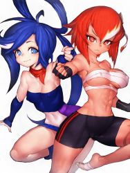 Rule 34 | 2girls, bare shoulders, barefoot, bike shorts, blue eyes, blue hair, breasts, cleavage, covered erect nipples, feet, fingerless gloves, fumio (rsqkr), gloves, light smile, long hair, medium breasts, midriff, multiple girls, navel, red eyes, red hair, short hair, simple background, thighs, toned, underboob, white background