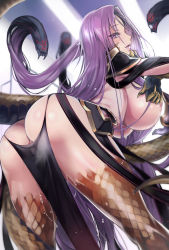 Rule 34 | 1girl, akinaie, anus, anus peek, arched back, armor, ass, bent over, blush, breasts, fate/grand order, fate (series), faulds, foreshortening, gauntlets, gorgon (fate), huge breasts, lips, long hair, looking at viewer, medusa (fate), medusa (rider) (fate), monster girl, nipple slip, nipples, open mouth, perineum, purple eyes, purple hair, pussy juice, rider, scales, smile, snake hair, solo, standing, tail, thighs, topless, very long hair