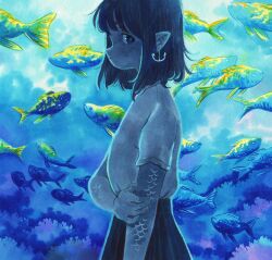 Rule 34 | 1girl, anchor, aquarium, black hair, black skirt, blue background, blue eyes, blue theme, coral, earrings, fish, frown, heikala, highres, holding own arm, jewelry, looking at viewer, medium hair, original, painting (medium), pointy ears, profile, scales, shirt, shirt tucked in, short sleeves, skirt, solo, traditional media, watercolor (medium), white shirt