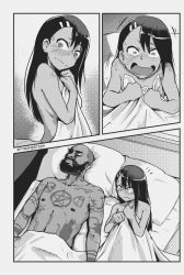 Rule 34 | 1boy, 1girl, aftersex, bald, beard, bed sheet, blush, breasts, comic, commentary, constricted pupils, dark-skinned female, dark-skinned male, dark skin, death grips, english commentary, facial hair, fang, full-body tattoo, greyscale, hair ornament, hairclip, highres, ijiranaide nagatoro-san, interracial, long hair, mc ride, monochrome, nagatoro hayase, naked sheet, netorare, real life, real life insert, sheet grab, silent comic, small breasts, tattoo, tyrone, very dark skin, waking up