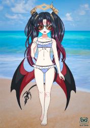 Rule 34 | 1girl, absurdres, beach, bikini, black hair, blue tanuki, blush, commission, demon girl, demon horns, demon wings, fang, female focus, halo, highres, horns, idol corp, lily sin, long hair, looking at viewer, multicolored hair, navel, open mouth, orange eyes, sand, solo, stomach, sunglasses, swimsuit, virtual youtuber, wings