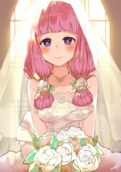 Rule 34 | 1girl, alternate costume, bare shoulders, bouquet, breasts, bridal veil, bride, commission, dress, fire emblem, fire emblem fates, flower, hair flower, hair ornament, highres, hime cut, jewelry, looking at viewer, medium breasts, medium hair, mitama (fire emblem), necklace, nintendo, pink hair, po pooch, skeb commission, star-shaped pupils, star (symbol), symbol-shaped pupils, veil, wedding dress