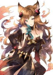 Rule 34 | 10s, 1girl, animal ears, asada sadao, bad id, bad pixiv id, bare shoulders, black dress, breasts, bridal gauntlets, brown eyes, brown hair, covered navel, dress, erune, frilled sleeves, frills, granblue fantasy, hand on own hip, head tilt, highres, looking at viewer, medium breasts, metera (granblue fantasy), parted lips, smile, solo, white background