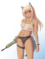 Rule 34 | 1girl, abs, animal ear fluff, animal ears, assault rifle, bare shoulders, belt, black panties, blonde hair, blue eyes, blush, breasts, adaptive combat rifle, covered erect nipples, dark-skinned female, dark skin, eotech, foxhound220, gun, long hair, adaptive combat rifle, midriff, muscular, navel, nipples, original, panties, rifle, see-through, solo, tail, tank top, thigh strap, toned, underwear, watch, weapon, wolf ears, wolf tail, wristwatch