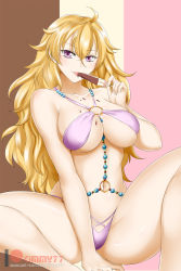 Rule 34 | 1girl, ahoge, bare shoulders, between breasts, bikini, blonde hair, blush, breasts, collarbone, commentary, food, hair between eyes, highres, kimmy77, large breasts, licking, long hair, looking at viewer, melting, multicolored background, navel, o-ring, o-ring bikini, o-ring top, popsicle, purple bikini, purple eyes, rwby, shiny skin, sitting, solo, spread legs, swimsuit, tongue, tongue out, wavy hair, yang xiao long