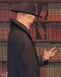 Rule 34 | 1boy, absurdres, beard, black coat, black hat, blonde hair, book, bookshelf, claws, coat, commentary request, facial hair, fantasy, fingernails, glasses, hat, highres, library, long sleeves, looking at viewer, looking to the side, male focus, mustache, original, parted lips, sharp fingernails, solo, werewolf, yellow eyes, zennosuke