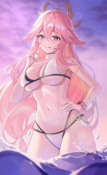Rule 34 | 1girl, :p, absurdres, alternate costume, animal ears, bare arms, bare shoulders, bikini, breasts, choker, cleavage, closed mouth, fox ears, genshin impact, hair ornament, hand on own hip, hand up, highres, large breasts, long hair, looking at viewer, multi-strapped bikini, navel, pink hair, pulled by self, purple eyes, scrunchie, sicle, skindentation, smile, solo, standing, stomach, strap pull, string bikini, swimsuit, tassel, thighs, tongue, tongue out, very long hair, wading, water, wet, white bikini, white choker, wrist scrunchie, yae miko
