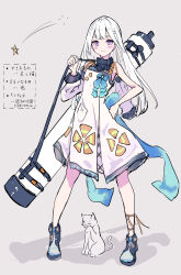 Rule 34 | 1girl, ankle boots, arm out of sleeve, back bow, black footwear, blue bow, blue bowtie, blue footwear, blush, boots, bow, bowtie, cat, choppy bangs, closed mouth, detached sleeves, dress, fold-over boots, full body, grey background, hand on own hip, highres, kirei natuki, long hair, mask, mask around neck, original, purple eyes, respirator, see-through, see-through footwear, simple background, single detached sleeve, sleeveless, sleeveless dress, smile, solo, standing, star (symbol), telescope, two-tone footwear, white cat, white dress, white hair