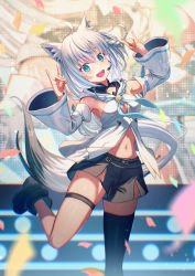 Rule 34 | 1girl, ahoge, animal ear fluff, animal ears, armpits, arms up, black footwear, black shorts, black thighhighs, blue neckerchief, braid, breasts, commentary, detached sleeves, double fox shadow puppet, earpiece, fox ears, fox girl, fox shadow puppet, fox tail, green eyes, hair between eyes, highres, hololive, hood, hoodie, leg up, looking at viewer, microphone, midriff, navel, neckerchief, open mouth, sakumichi, screen, shirakami fubuki, shirakami fubuki (1st costume), short shorts, shorts, sidelocks, single braid, single thighhigh, small breasts, smile, solo, stage, tail, thigh strap, thighhighs, virtual youtuber, white hair, white hoodie