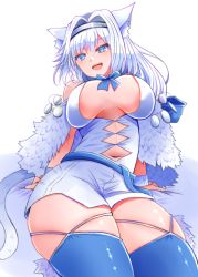 Rule 34 | 1girl, animal ears, arano oki, bare shoulders, blue eyes, blue thighhighs, breasts, clothing cutout, dobrynya nikitich (fate), fate/grand order, fate (series), from below, hair intakes, large breasts, long hair, looking at viewer, looking down, navel, navel cutout, open mouth, smile, solo, tail, thighhighs, thighs, white background, white hair, wrist cuffs