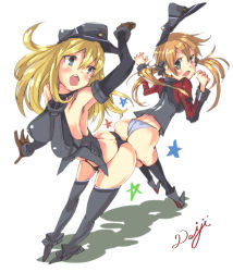 Rule 34 | 10s, 2girls, absurdres, armadillo-tokage, armpits, artist name, ass, ass-to-ass, bad id, bad pixiv id, bare shoulders, bismarck (kancolle), black legwear, black panties, blonde hair, blue eyes, blush, breasts, brown gloves, butt crack, detached sleeves, gloves, green eyes, grey legwear, hat, highres, hip attack, kantai collection, large breasts, long hair, long sleeves, looking at another, looking back, military, military uniform, multiple girls, no pants, panties, peaked cap, prinz eugen (kancolle), shadow, simple background, star (symbol), thighhighs, twintails, underwear, uniform, white background, white panties