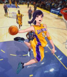 Rule 34 | 1girl, absurdres, adidas, armband, audience, ball, basketball, basketball (object), basketball court, basketball hoop, basketball jersey, basketball uniform, black hair, blurry, blurry background, chainsaw man, commentary, cosplay, crypto.com arena, english commentary, hair ornament, hairclip, higashiyama kobeni, highres, holding, holding ball, jersey, jumping, kanpaithighs, kobe bryant, kobe bryant (cosplay), los angeles lakers, medium hair, mole, mole under eye, mole under mouth, multiple moles, name connection, national basketball association, nervous, open mouth, people, photo-referenced, photo background, playing sports, pun, real life, shoes, short ponytail, shorts, side ponytail, slam dunk (basketball), sneakers, solo focus, sportswear, sweatband, twitter username, yellow shorts