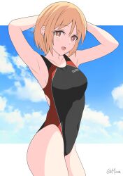 Rule 34 | 1girl, absurdres, armpits, arms behind head, artist name, black one-piece swimsuit, blonde hair, breasts, brown eyes, cloud, cloudy sky, collarbone, commission, competition swimsuit, covered navel, cowboy shot, girls&#039; frontline, gotoo, highres, looking at viewer, medium breasts, mp40 (girls&#039; frontline), non-web source, one-piece swimsuit, open mouth, short hair, skeb commission, sky, smile, solo, swimsuit