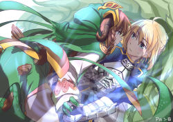 Rule 34 | 2girls, ahoge, armor, artist name, artoria pendragon (all), artoria pendragon (fate), blonde hair, braid, brown hair, face-to-face, fate/stay night, fate (series), gauntlets, green eyes, horns, invisible air (fate), juliet sleeves, long sleeves, looking at another, multiple girls, pin.s, puffy sleeves, saber (fate), shadow, spikes, sweat